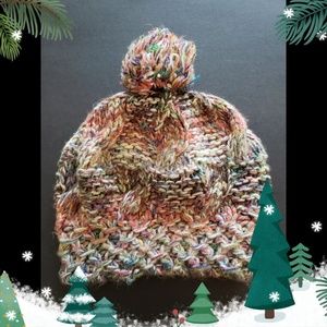 Coral and Green Acrylic Yarn Winter Hat w. Pom-Pom